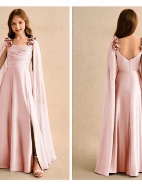 Blush Pink Floral Shoulder Cape Evening Dress